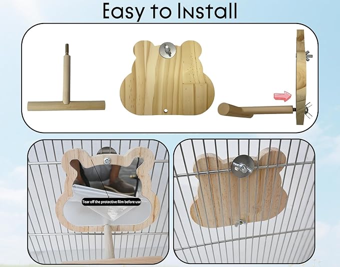 Wooden Bird Mirror with Perch for Cage, Parakeet Toys, Budgie Interactive Toys,Bird Cage Accessories for Parrots Cockatiel Conure Lovebirds Finch Canaries