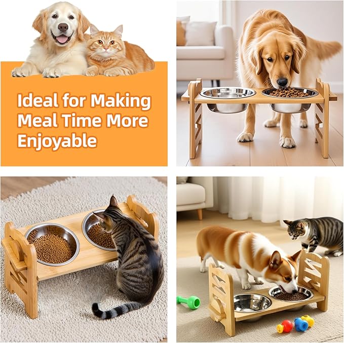 Elevated Dog Bowls, Adjustable Raised Dog Bowl Stand with 2 Stainless Steel Dishes and 1 Slow Feeder Bowl, Durable Bamboo Dogs Feeding Station for Small Medium Dogs/Cats