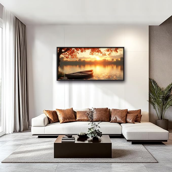 Large Lake Sunrise Landscape Wall Art for Living Room, Nature Boat Canvas Oversized Wall Decor, River Scenery Framed Pictures Painting Print Artwork for Bedroom Office 60"L x 30"W