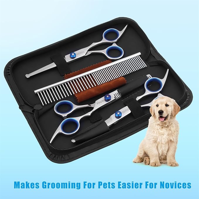 GEMEK Professional 5 in 1 Dog Grooming Scissors Set with Safety Round Tips, Sharp and Heavy-duty Pet Grooming Shears for Cats (Blue)