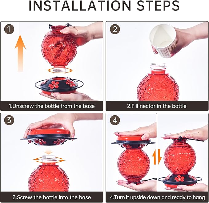 Glass Hummingbird Feeders for Outdoors Hanging, 23Oz Humming Bird Nectar Feeders with Perch, 5 Flower Feeding Ports, Leak Proof Base and Hook for Garden Decor, Gifts for Mom Women (Red)