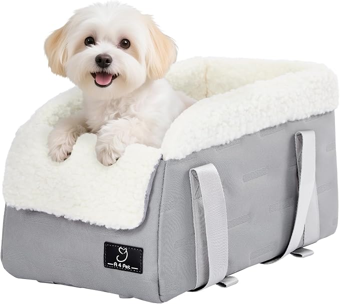 A 4 Pet Center Console Dog Car Seat for Small Dogs Cats, Booster Seat for Puppy with Safety Tethers, Pet Car Seat with Safe Protective Hooks,Washable Cushion - Portable Carrier for Pets Up to 8 Lbs