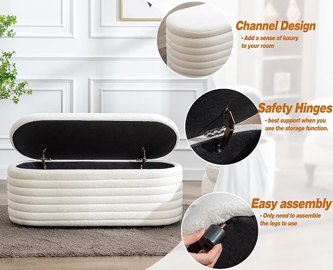 Kmax 45" Storage Bench Faux Fur Entryway Bench Upholstered Ottoman Bench for Bedroom Living Room Hallway, White