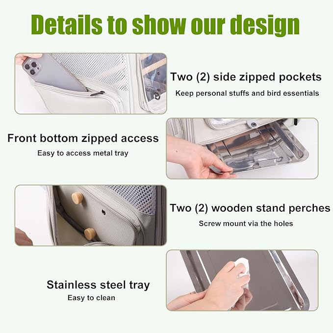 Bird Backpack Carrier with Front Zipper Opening, Portable Bird Travel Carrier Cage with 2 Standing Perches and Metal Tray, Breathable Transport Bag for Parakeet, Budgie, Conure, Cockatiel, Parrot