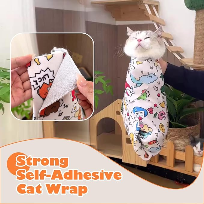 Cat Grooming Wrap, Cat Wrap Self-Adherent, Anti-Scratch Anti-Bite, Anti-Escape Grooming Bag for Cats Nail Clipping, Ear Cleaning, and Teeth Brushing (27.6 × 27.6" Cow Pattern)