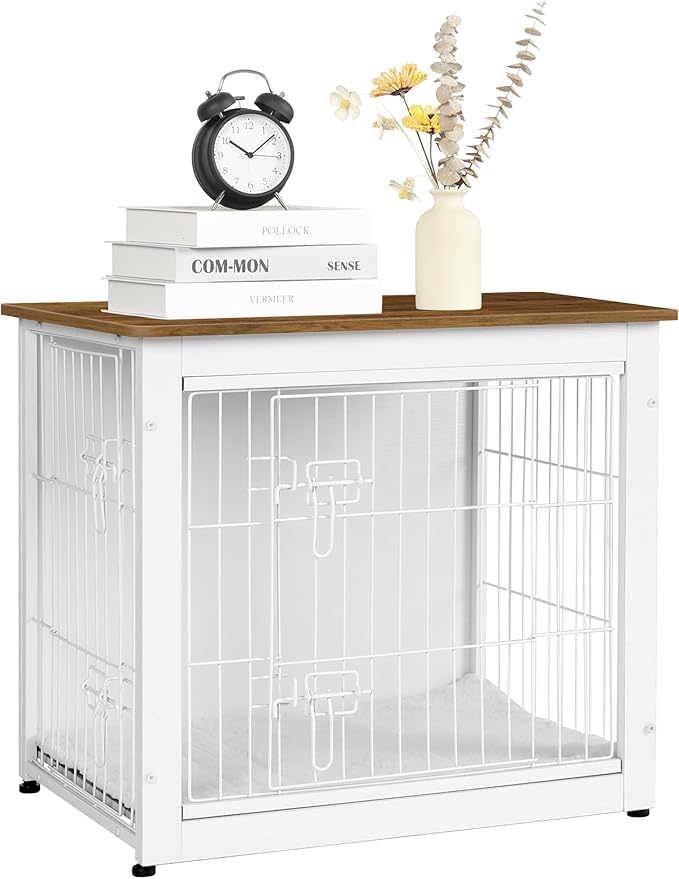 DWANTON Dog Crate Furniture with Cushion, Wooden Kennel Table with Double Doors, Indoor Dog House, Small/Medium/Large Size, 27.2" L, White+Warm Brown