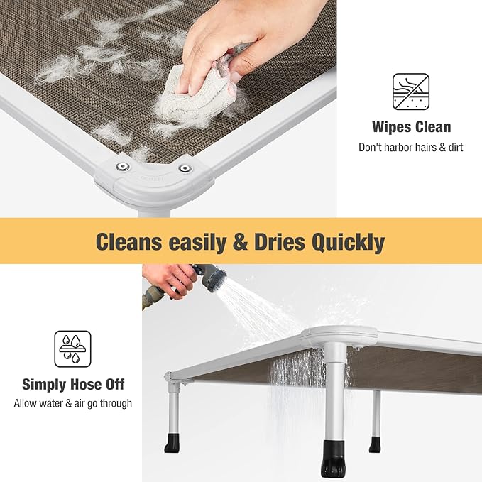 Veehoo Chew Proof Elevated Dog Bed - Cooling Raised Pet Cot - Silver Aluminum Frame and Durable Textilene Mesh Fabric, Unique Designed No-Slip Feet for Indoor or Outdoor Use, Brown, Large, CWC2003