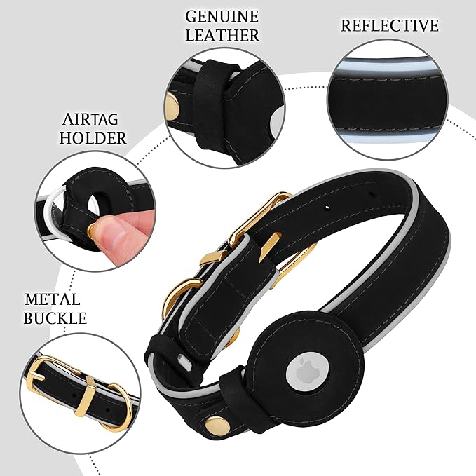 OOPSDOGGY Reflective Geniune Leather Airtag Dog Collar Soft Padded Collars for Small Medium Large Breed Dogs Puppy, 4 Sizes, 7 Colors (Black, Small, 9"-12")