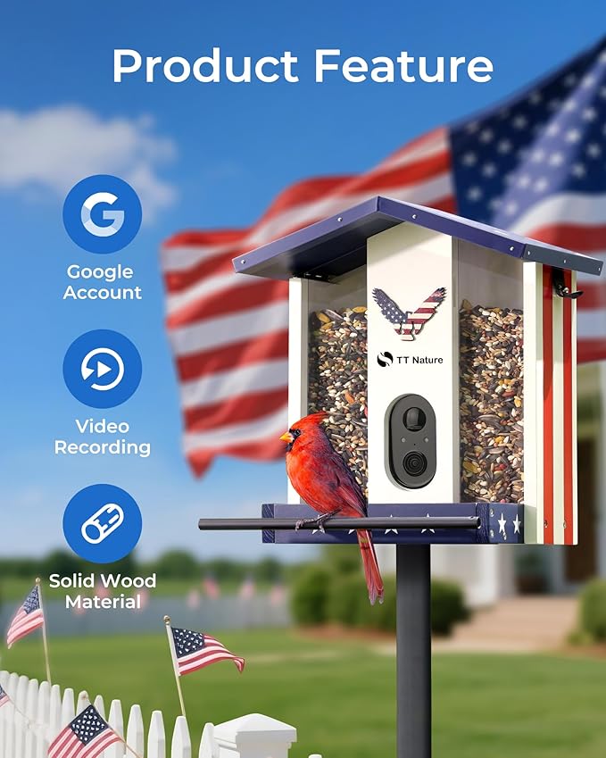 TT Nature Bird Feeder with Camera, Solar Powered Smart Birdhouse Cam with Auto Capture & Bird Identify, Instant Real-time Notifications, 1080P Cam, Gift for Outdoor Birdwatching, Flag Style