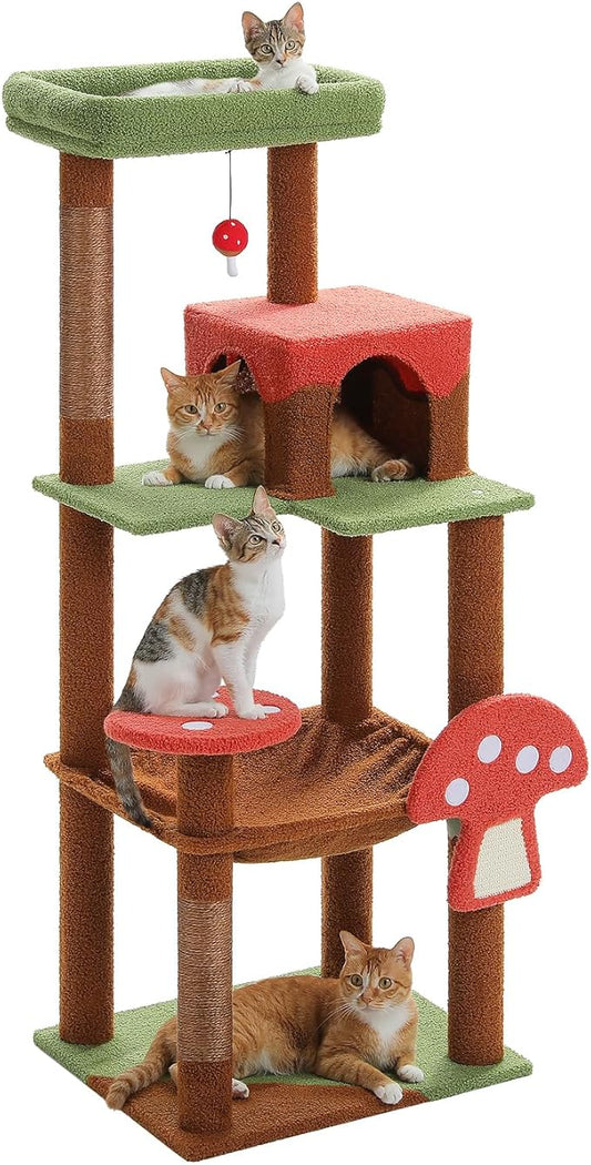 Mushroom Cat Tree Tower with Removable Scratcher, Large Hammock, Condo, Perch, 3 Sisal Posts β Multi-Level Cat Tree for Indoor Cats, Cute Cat Tower for Small Space Homes