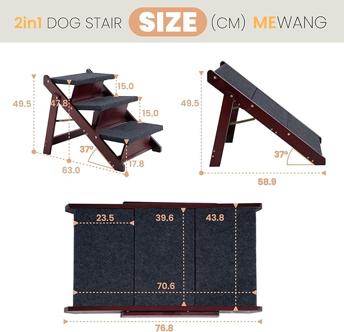 MEWANG Wooden Pet Stairs/Pet Steps - 3-in-1 Foldable Stairs & Ramp for Beds and Cars - Portable Dog/Cat Ladder Up to 220 Pounds - Great for Small and Older Animals(Brown) (24.8" L x 17.2" W x 19.5" H)