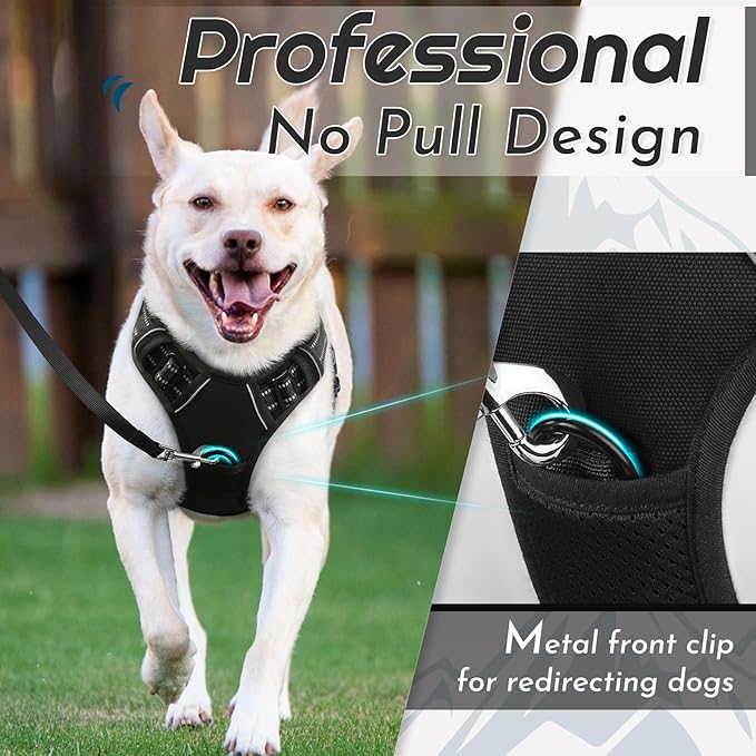 Eagloo Dog Harness for Large Dogs, No Pull Service Vest with Reflective Strips and Control Handle, Adjustable and Comfortable for Walking, No Choke Pet Harness with 2 Metal Rings, Black, XL