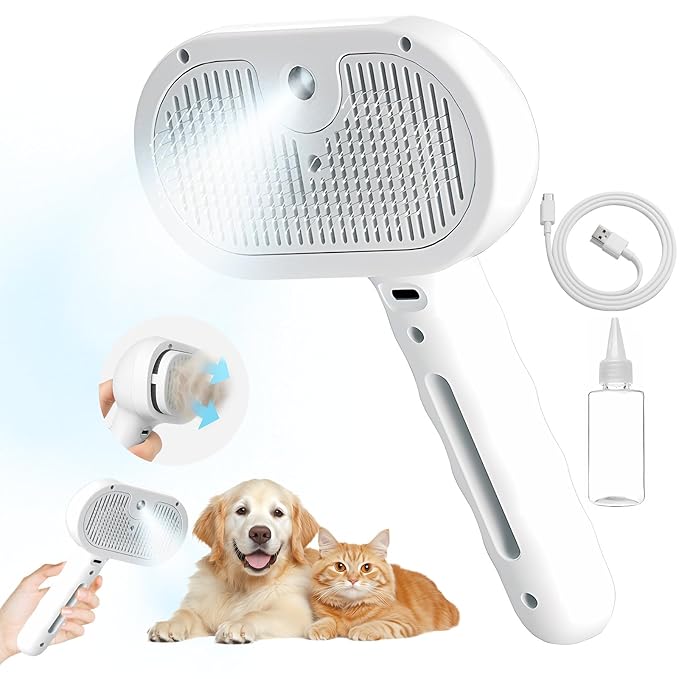 3-in-1 Pet Steam Brush with Self-Cleaning & Cool Mist – Portable Grooming Tool for Cats & Dogs, Long-Lasting Shedding Control & Detangling, Refillable Water Tank & Fast Charging