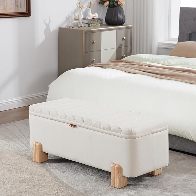 Wavy Ottoman Storage Bench Multi-Functional Narrow Entryway Bench Elegant End of Bed Bench with Storage and Safty Hinge for Living Room Entryway Hallway Bedroom Boutique, Beige