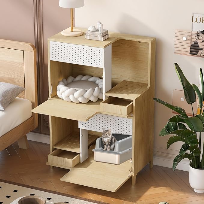 Cat Litter Box Enclosure Furniture Hidden Indoor 2-in-1 Wooden Cat House & Washroom Cabinet with Drawer for 2 Cats, 31.4"x15.7"x44.8"H