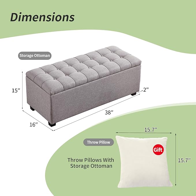 Ottoman with Storage 38 inches, Furniture End of Bed Storage Benches, Long Ottomans Bench with hinged lid, Bench seat Trunk for Foot Rest in Bedroom, Living Room (Gray)