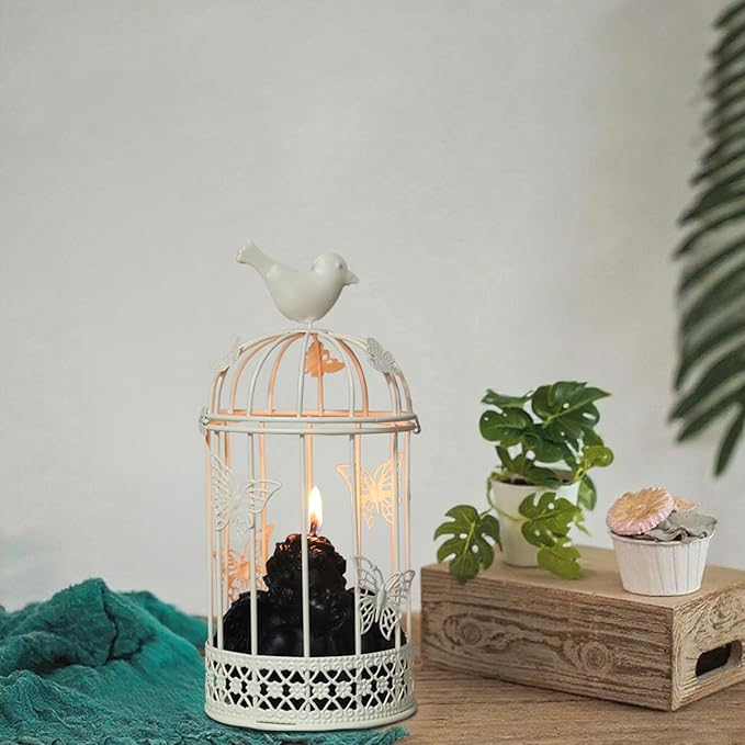 Vintage Decorative Bird Cage,Metal White Bird Cage Decor for Candelabros para Centros De Mesa & Lanterns Decorative Indoor Suitable Wedding Party, Dining Table,Fireplace Metal Lantern&Bird Cage Decor
