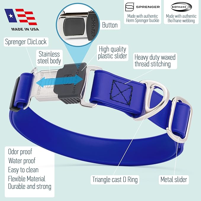 Dogline Biothane Waterproof Dog Collar with Herm Sprenger Black Stainless Steel Quick Release Buckle – Heavy Duty Tactical Durable Collar for Dogs – Comfortable and Safe Pet Collar, W 3/4" L 12-19"