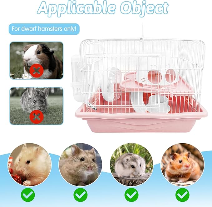 PINVNBY Dwarf Hamster Cage, Small Animal Cages, 2-Tier Travel Portable Mouse Cage Hamster Carrier with Castle House Running Exercise Wheels, Water Bottle and Food Dis(Pink)