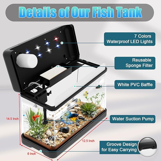 Fish Tank Aquarium 3 Gallon, Smart Aquarium Kits - Silent Water Pump,Self Cleaning System,7 Color Lights,Temperature Display, Aromatherapy, Advanced Filtration