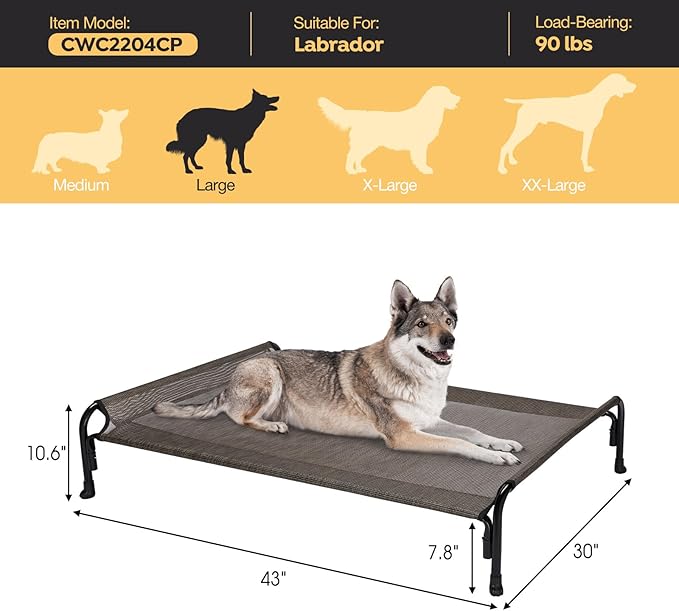 Veehoo Outdoor Elevated Dog Bed, Raised Dog Cot for Large Dogs, Cooling Washable Waterproof Pet Hammock Beds with Slope Headrest, Breathable Mesh and Sturdy Frame, Large, Brown, CWC2204