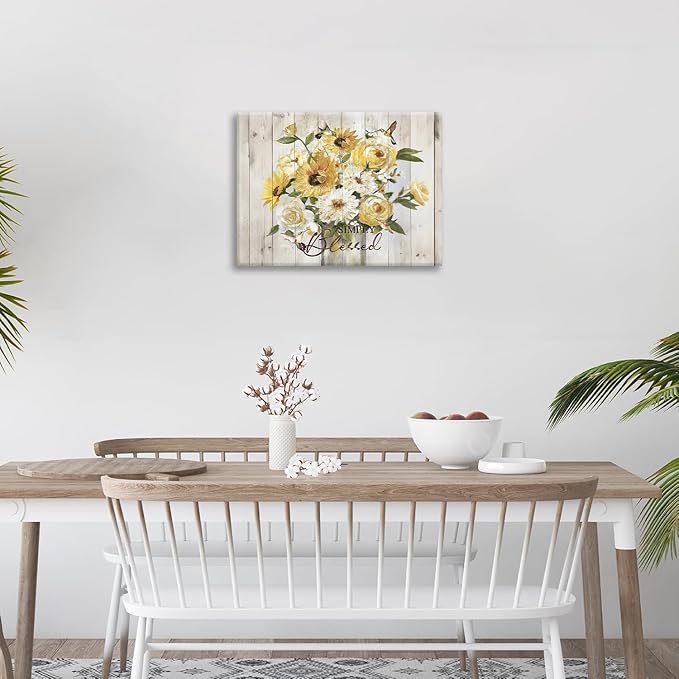 Sunflower Bathroom Pictures Wall Art, Simple Blessed Floral Bathroom Wall Decor, Flower Framed Painting Canvas Artwork for Bedroom Living Room Decorations 20"L x 16"W