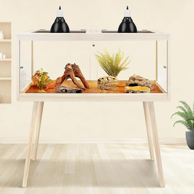 Prolee Tempered Glass Reptile Enclosure with Leg,48“ Scratch-Proof Bearded Dragon Tank,79 Gallon Lizard Tank with Metal Mesh Tops and Lockable Door,Spacious Reptile Habitat for Snake,Lizard (Oak)