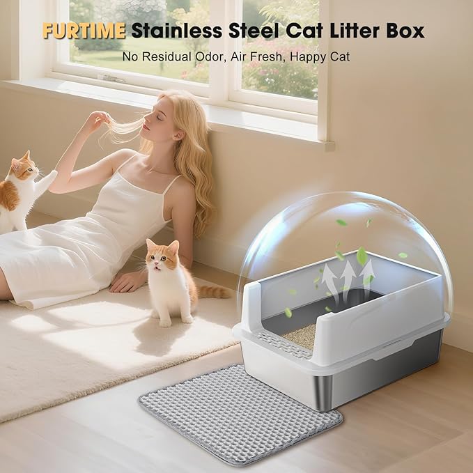 FURTIME Stainless Steel Cat Litter Box with Lid – High-Sided Metal Litter Pan for Small Cats, Kitty Litter Box Non-Stick, Odor-Resistant, Anti-Urine Leakage, Easy to Clean, Includes Scoop and Mat