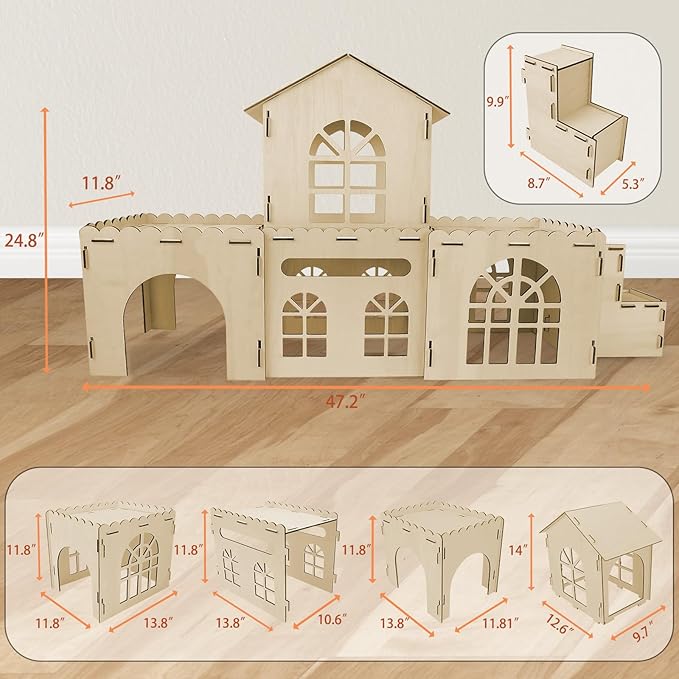 YUEPET Extra Large Wooden Rabbit Hideout Castle Detachable Bunny Tunnel Hut with Ramp Small Animal Houses & Habitats for Outdoor Indoor Rabbit Guinea Pig Chinchilla Ferret Hamster to Rest Hideawy Play