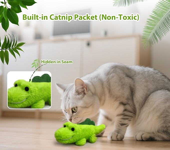 Interactive Cat Toys for Indoor Cats - Automatic Moving Cat Chase Toy for Bored Indoor Adult Cats - 360ยฐ Random Movement, Tail Wagging & Catnip Stimulation - Electric Croc(Long Plush)