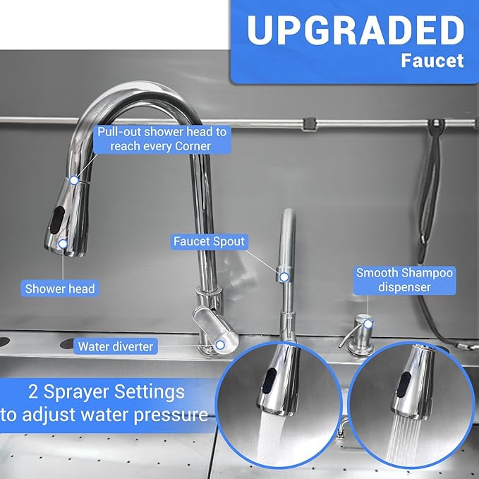 Professional Dog Grooming Tub, 50" Stainless Steel Dog Wash Station with Foldable Ramp, Storage Drawer, Floor Grate & Faucet/Dog Bathtub for Large, Medium & Small Pets - Left Door (50")