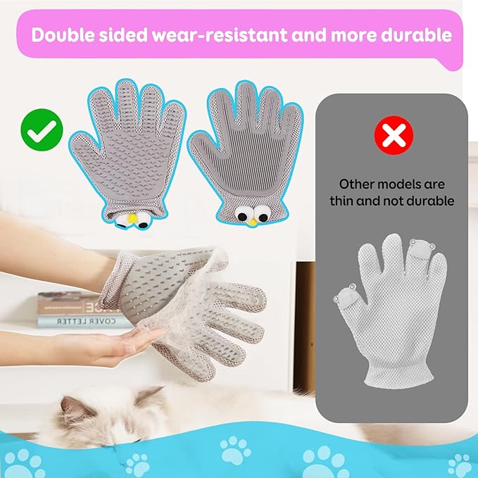 Pet Grooming Gloves Suitable for Long- and Short-Haired Dogs and Cats. Double-Sided, Two-in-One, Pet Hair Removal Gloves for Depilating and Massaging Cats and Dogs. Upgraded Five-Finger Design.