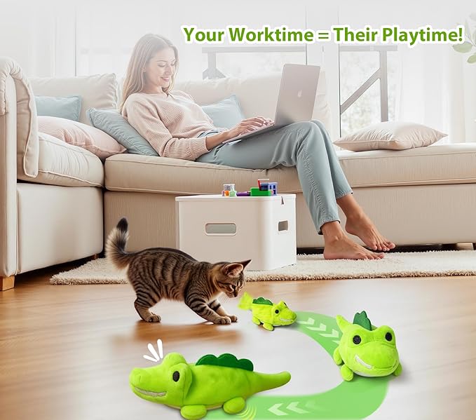Interactive Cat Toys for Indoor Cats - Automatic Moving Cat Chase Toy for Bored Indoor Adult Cats - 360° Random Movement, Tail Wagging & Catnip Stimulation - Electric Croc(Short Plush)
