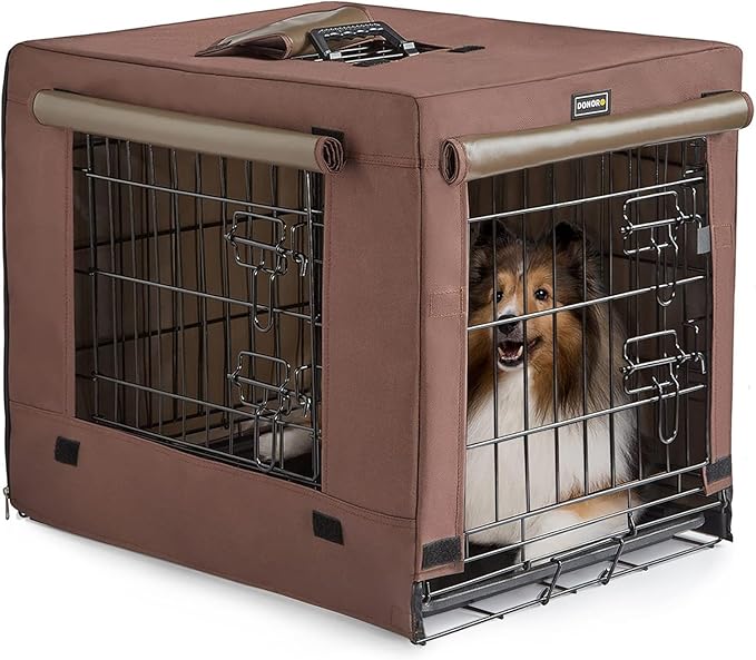 DONORO Dog Crates for Lareg Size Dogs Indoor Double Door Dog Kennels & Houses for Puppy and Cats, Collapsible Metal Contour Dog Cages (Brown, 42.0" L x 28.0" W x 31.0" H)