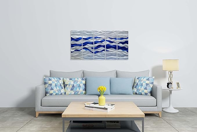 SYGALLERIER Abstract Coastal Metal Wall Art Handcrafted Big 3D Blue and Silver Artwork Modern Sea Waves Pictures Contemporary Sculpture for Living Room Bedroom Bathroom Decor
