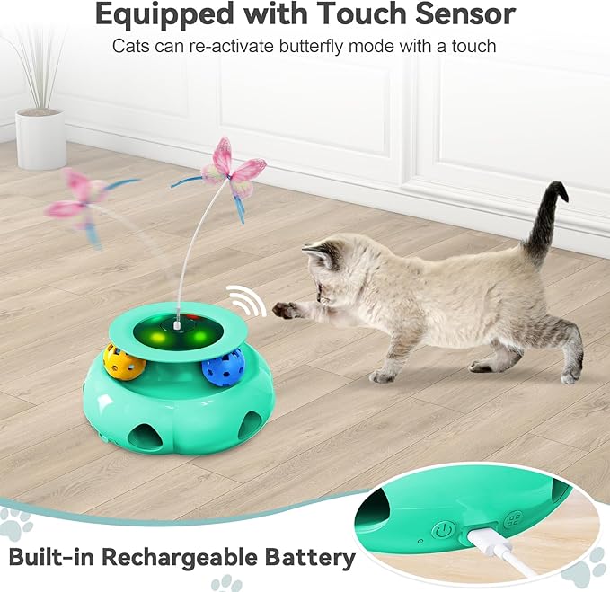 Cat Toys Interactive Rechargeable 3in1 Whack a Mole Cat Toy, Fluttering Butterfly, Track Balls, Touch Activated Automatic Kitten Toys for Indoor Cats