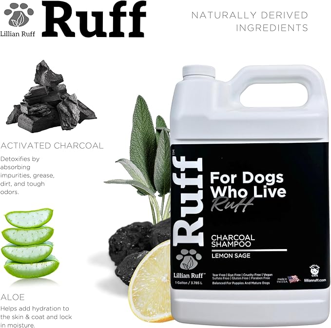 Ruff by Lillian Ruff Activated Charcoal Pet Shampoo – Lemon Sage – Deep Cleanser, Deodorizer & Stain Remover – Hydrates Dry Itchy Skin – Puppy & Dog Safe – USA Made (Gallon)
