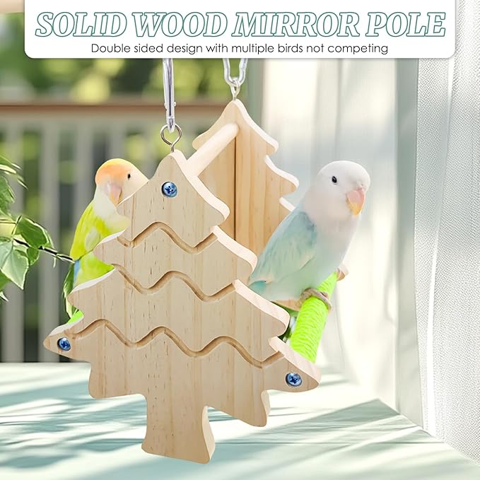 Small Bird Mirror Parrot Swing,Bird Stand Perch Toy,Double Sided Mirror Swing with Chew Flower Perch Safe Parakeet Budgie Cockatiel Cage Accessories for Biting Anxiety.
