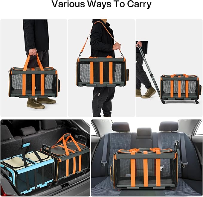 MILADA Large Cat Carrier for 2 Cats, Soft Big Pet Carrier with Wheels, Double Cat Carrier on Wheels, Rolling Pet Carrier for Travel Hiking Shopping and Camping(Not for Air Travel), Orange