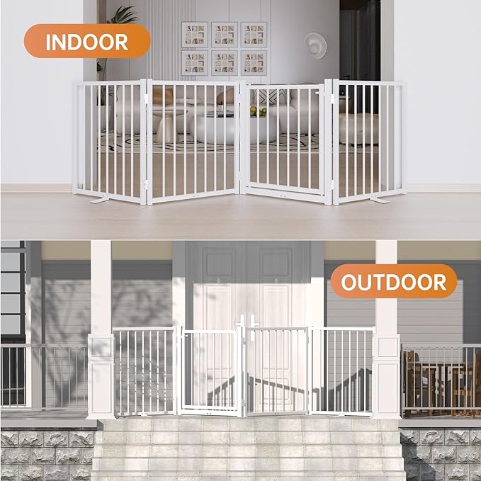 Full Metal Freestanding Dog Gate with Door, 24'' Height Foldable Pet Dog Fence for Indoor & Outdoor, 2 Panels Extra Wide Free Standing Small Dog Gates for Doorways,House,Stairs,Porch,Deck,Yard
