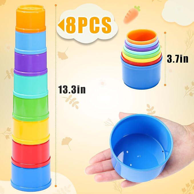 MEWTOGO 8 Pcs Stacking Cups for Rabbits - Safe Reusable Bunny Toys in Different Sizes, Durable Rainbow Colored Nesting Toys for Small Animals, Bunny Hiding Food Playing Gifts