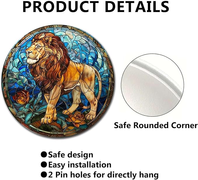 Lygond Metal Sign Tin Sign Circular Stained Glass Lion Metal Sign for Home Decor 8×8 Inches