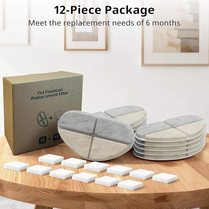 12 Packs Dog Water Filter Replacement, Feelneedy Cat Fountain Filters for (FN-W05) 7L/1.8Gal Dog Water Bowl Dispenser, Apetdola Cat Water Fountain (FP30)