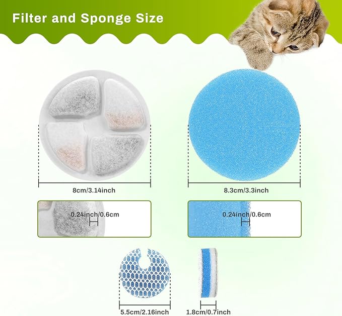 5 Set Cat Water Fountain Filter Replacement for Round 2L/67oz Stainless Steel Cat Fountain, ZEKIRY Pet Fountain Filter, Triple Filtration Replacement Filters(5 Filter, 5 Sponge, 5 8D Sponge)