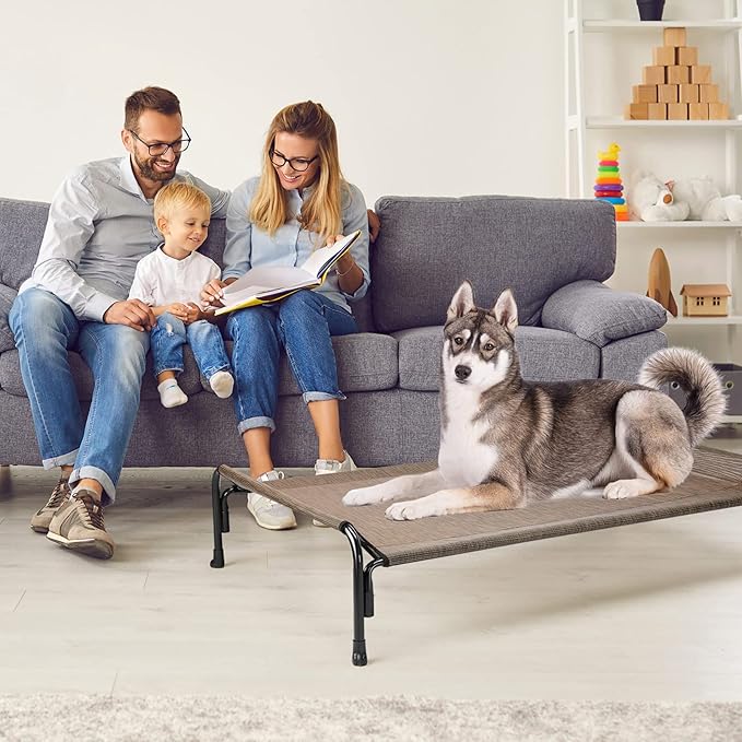 Veehoo Outdoor Elevated Dog Bed, Raised Dog Cot for Large Dogs, Cooling Washable Waterproof Pet Hammock Beds with Slope Headrest, Breathable Mesh and Sturdy Frame, Large, Brown, CWC2204