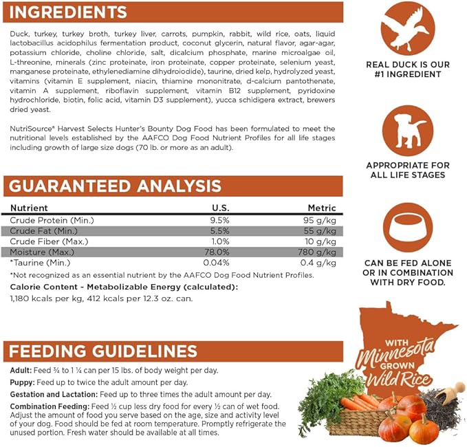 NutriSource Harvest Selects Hunter's Bounty Dog Cans, Premium Wet Dog Food, 12.3 Ounce (Pack of 12)