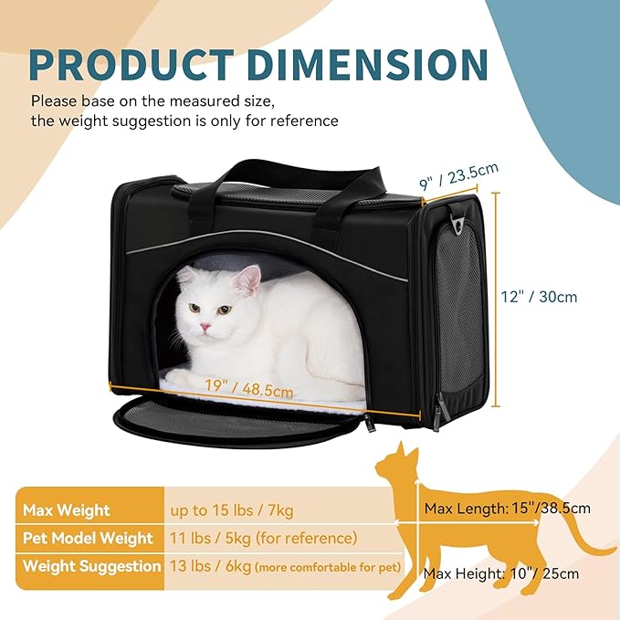 Petsfit Two-Way Placement Pet Carrier Airline Approved, Cat Carriers for Kittens, Puppies,Rabbit,Hamsters, Washable,Black