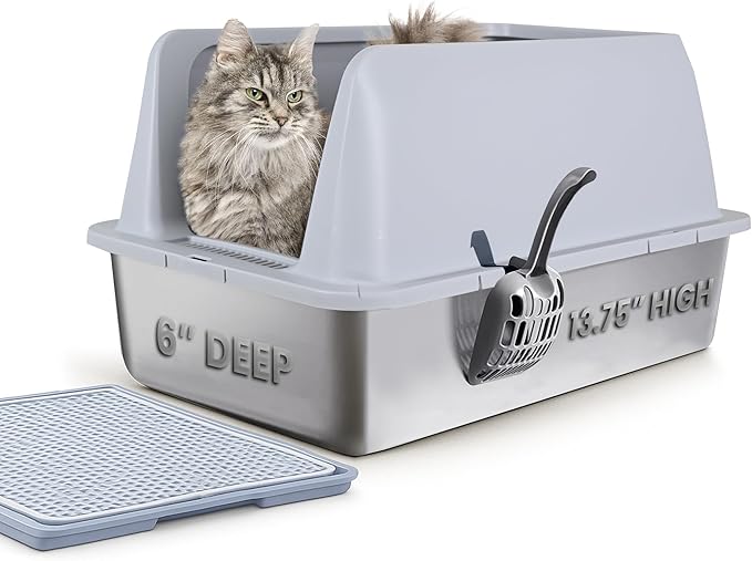 6" Deep 13.75" High Wall Sides Stainless Steel Cat Litter Box with Lid Great for High Peeing Cats.. Large Litter Box Leak Proof Litter Pan, Easy Clean, Non Stick, No Odor, with Mat and Litter Scoop
