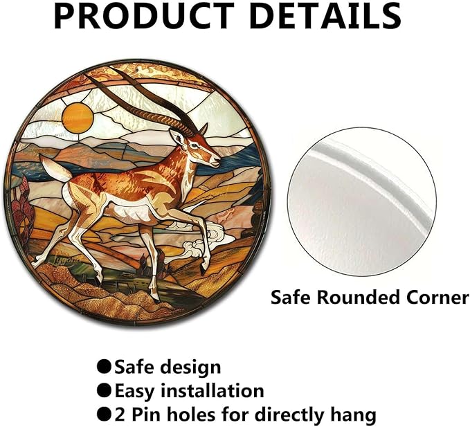 Lygond Metal Sign Tin Sign Circular Stained Glass Pronghorn Home Deccor Store Home Decor for Garden 12×12 Inches