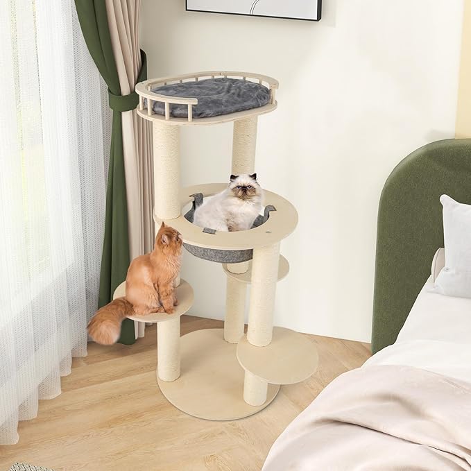 Tangkula Wood Cat Tree, 59 Inch Multi-Level Cat Tower with Top Padded Perch, Hammock, 3 Platforms & Sisal Scratching Posts, Large Modern Cat Tree Tower for Indoor Cats Kittens (59 Inch)